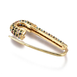 Colorido Pendientes de aro de latón, con diamante de imitación, forma de pasador de seguridad, dorado, colorido, 26~26.5x10~11x3 mm, pin: 0.8 mm