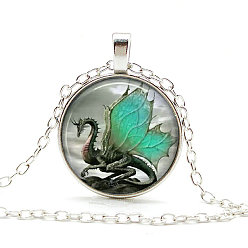Cyan Dragon Theme Glass Round Pendant Necklace with Alloy Chains, Cyan, 20.47 inch(52cm)