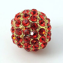 Light Siam Alloy Rhinestone Beads, Grade A, Round, Golden Metal Color, Light Siam, 10mm