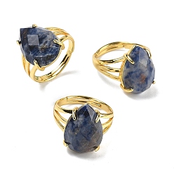 Содалитовое Латунные манжеты с открытыми кольцами, с натуральным содалита, слеза, граненые, стойки покрытие, долговечный, золотые, 18 мм