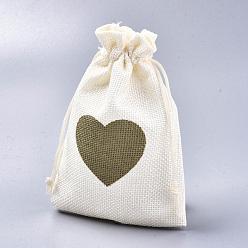 Olive Burlap Packing Pouches Drawstring Bags, with Heart Pattern, Olive, 14x10cm