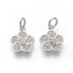 Platinum Brass Micro Pave Cubic Zirconia Charms, Lead Free & Cadmium Free, Clear, Flower, Platinum, 12x9.5x2mm, Hole: 3mm