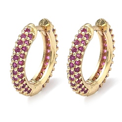 Фуксиновый Латунные микро проложить серьги обруча кубического циркония, без кадмия и без свинца, долговечный, стойки покрытие, реальный 18 k позолоченный, красно-фиолетовые, 16.5x17x3.5 мм