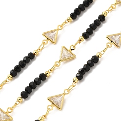 Черный Покрытие стойки, позолоченные треугольные цепи из латуни с цирконием из настоящего 18k, ручной цепи стекло бисером, пайки, с катушкой, без свинца и без кадмия, чёрные, Треугольник: 11x6.5x2.5 мм, звено борта: 18x3мм