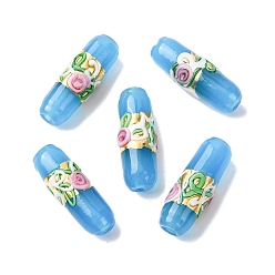 Темно-Голубой Handmade стеклянные бусины фольги, колонна с цветком розы, глубокое синее небо, 29~30x10~10.5 мм, отверстие : 1.4 мм