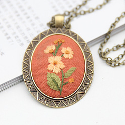 Tomato DIY Embroidery Flower Pendant Necklace Making Kit, Including Alloy Cable Chains & Pendant Cabochon Settings, Needle Pin, Cotton Thread, Plastic Embroidery Hoops, Tomato, 460mm