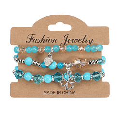HY-2831-E Lake Blue Bohemian Leaf Heart Charm Bracelet with Multi-layer Glass Bead Bangle and Yearly Chain