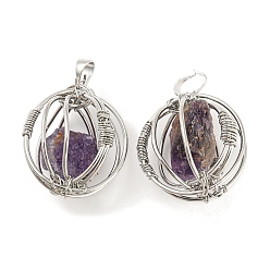 Amethyst Natural Amethyst Pendants, Ball Charms with Rack Plating Platinum Plated Brass Findings, Lead Free & Cadmium Free, 32.5~33.5x28.5~30.5x24~26.5mm, Hole: 8.5x5mm