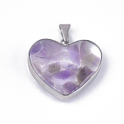 Amethyst Natural Amethyst Pendants, with Glass and 304 Stainless Steel Findings, Heart, Stainless Steel Color, 19x21x6mm, Hole: 3x5.5mm