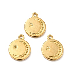 Real 18K Gold Plated Ion Plating(IP) 304 Stainless Steel Pendant Rhinestone Settings, Flat Round with Star & Moon, Real 18K Gold Plated, Fit for 1mm Rhinestone, 19x15.5x2mm, Hole: 1.6mm
