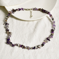 Amethyst Beachy Purple Crystal Collar Necklace for Women - Unique Stone Chips and Beads Jewelry