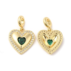 Green Heart Brass Micro Pave Cubic Zirconia European Dangle Charms, Real 16K Gold Plated, Large Hole Charms, Green, 23mm, Hole: 4mm, Heart: 16x15.5x3mm
