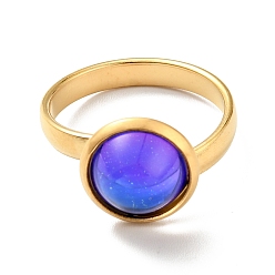 Синий K9 стеклянное плоское круглое кольцо на палец, ионное покрытие (ip) 304 ювелирные изделия из нержавеющей стали для женщин, золотые, синие, размер США 7 3/4 (17.9 мм), кольцо поверхность: 12x7mm