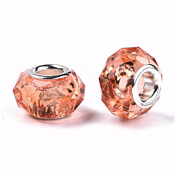 Coral Transparent Resin European Beads, Imitation Crystal, Large Hole Beads, with Silver Tone Brass Double Cores, Faceted, Rondelle, Coral, 14x9.5mm, Hole: 5mm