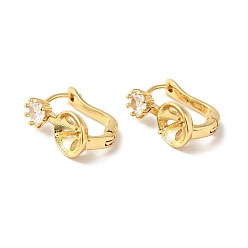Real 18K Gold Plated Brass with Clear Cubic Zirconia Hoop Earring Findings with Latch Back Closure, Earring Settings for Half Drilled Beads, Cadmium Free & Nickel Free & Lead Free, Real 18K Gold Plated, 16x14x8mm, Pin: 0.8mm, Tray: 7.5mm