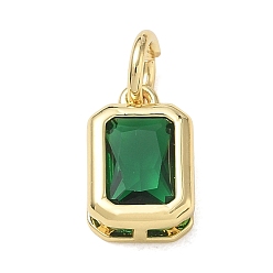 Green Brass Pave Cubic Zirconia Charms, Rectangle Octagon Charms, Long-Lasting Plated, Rack Plating, Lead Free & Cadmium Free, Real 18K Gold Plated, Green, 12x8x4.5mm, Hole: 4mm