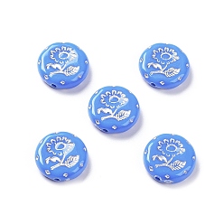 Royal Blue Opaque Acrylic Beads, Metal Enlaced, Flat Round with Flower Pattern, Royal Blue, 17.5~18x5~5.5mm, Hole: 1.8mm, about 399pcs/500g