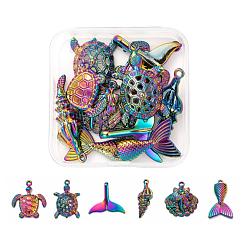 Rainbow Color 12Pcs 6 Style Ocean Themed Alloy Pendants, Cadmium Free & Lead Free, Fishtail & Tortoise & Mermaid & Spiral & Shell, Rainbow Color, 2pcs/style