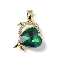 Sea Green Real 18K Gold Plated Rack Plating Brass Micro Pave Clear Cubic Zirconia Pendants, with Glass, Long-Lasting Plated, Cadmium Free & Lead Free, Dolphin with Heart Charm, Sea Green, 20.5x17x8mm, Hole: 5.5x3.5mm