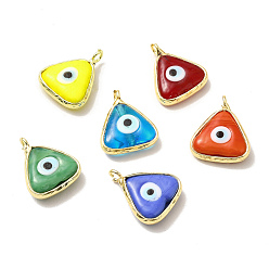 Mixed Color Handmade Lampwork Pendants, with Eco-friendly Light Gold Brass Findings, Long-Lasting Plated, Cadmium Free & Lead Free, Triangle with Evil Eye Charm, Mixed Color, 16x13.5x4~4.5mm, Hole: 2mm
