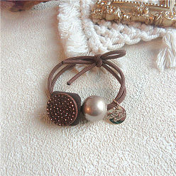 Circular dark color Chic Double-Layered Knot Elastic Hair Tie with Rhinestone Ball for Women