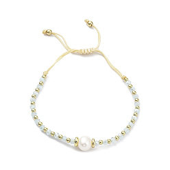 Light Cyan Adjustable Pearl & Glass & Brass Braided Beaded Bracelet for Women, Light Cyan, Inner Diameter: 1-7/8~2-7/8 inch(4.8~7.3cm)