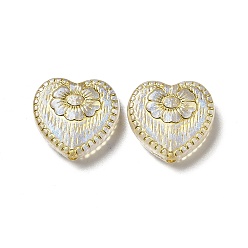 White Plating Acrylic Beads, Golden Metal Enlaced, Heart with Flower Pattern, White, 17x18x6mm, Hole: 1.6mm, about 388pcs/500g