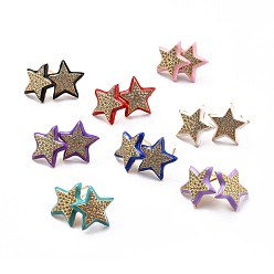 Mixed Color Star Sparkling Cubic Zirconia Stud Earring for Her, Real 18K Gold Plated Brass Enamel Earrings, Mixed Color, 14x14~15x2.5mm, Pin: 0.8mm