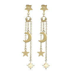 Real 18K Gold Plated 304 Stainless Steel Dangle Stud Earrings, Brass Moon with Star Tassel Earrings, Real 18K Gold Plated, 85x10.5mm