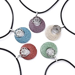 Mixed Color Alloy Natural Dyed Lava Rock Pendant Necklaces, with Cowhide Leather Cord and 304 Stainless Steel Lobster Claw Clasps, Flat Round with Sun, Mixed Color, 18.3 inch(46.5cm), 2.5mm