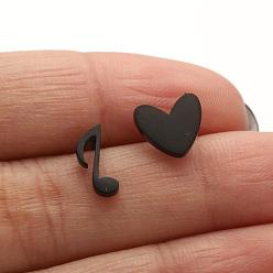 black Asymmetric Heart Music Note Earrings for Women, Geometric and Simple Design Jewelry