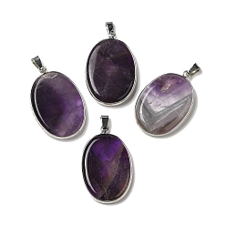 Amethyst Natural Amethyst Pendants, Oval Charms with Platinum Plated Metal Findings, 39.5x26x6mm, Hole: 7.6x4mm