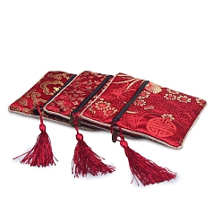 Brique Rouge Pochettes zippées de rangement de bijoux en polyester à imprimé floral, avec des pompon, carrée, firebrick, 12x12 cm