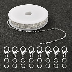 Silver DIY 3m Brass Cable Chain Jewelry Making Kit, with 30Pcs Brass Open Jump Rings with 10Pcs Zinc Alloy Lobster Claw Clasps, Silver Color Plated, Chain Link: 2x1.8x1.2mm
