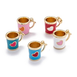 Mixed Color Brass Enamel Charms, with Jump Ring, Golden, Mug with Heart, Mixed Color, 12.5x13.5x10mm, Hole: 3mm