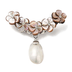Platinum Peach Blossom Flower Natural White Shell Brooches for Women, with Brass Branch, Platinum, 44x50x6.5mm