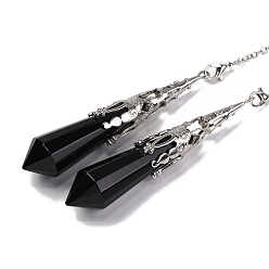 Обсидиан Большие подвески с острым маятником из натурального обсидиана, без свинца и без кадмия, с латунной фурнитурой платинового цвета, шестиугольный конус, 265 мм, отверстие : 2 мм