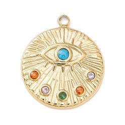Golden Ion Plating(IP) 304 Stainless Steel Pendants, with Rhinestones & Imitation Turquoise, Textured, Flat Round with Eye, Golden, 18x15.5x2.4mm, Hole: 1.3mm