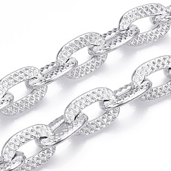 Platinum Aluminum Textured Cable Chain, Oval Link Chains, Unwelded, Platinum, 22.5x15.5x4mm
