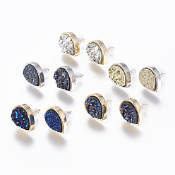 Mixed Color Brass Stud Earrings, with Druzy Resin Cabochons, teardrop, Mixed Color, 14.5x11.5x4~6mm, Pin: 0.8mm