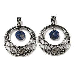 Ляпис-Лазурь Ограненные восьмиугольные подвески из натурального лазурита, антикварные серебряные тона, полые плоские круглые подвески из сплава с покрытием, без свинца и без кадмия, 44x40x5 мм, отверстие : 4.5x6 мм