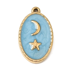 Deep Sky Blue 303 Stainless Steel Enamel Pendants, Oval with Moon Star Charms, Ion Plating(IP), Golden, Deep Sky Blue, 22.5x13x2.5mm, Hole: 1.2mm
