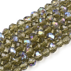Olive Electroplate Glass Beads Strands, Half Rainbow Plated, Faceted, Rondelle, Olive, 3.5x3mm, Hole: 0.4mm, about 123~127pcs/strand, 13.7~14.1 inch(35~36cm)