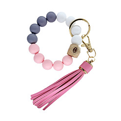 4 Colorful Silicone Bead Bracelet Keychain with PU Leather Tassel Pendant for Women