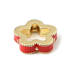Rouge Perles d'espacement en laiton émaillé en forme de fleur, plaqué longue durée, sans cadmium et sans plomb, réel 18 k plaqué or, crémaillère plaquage, rouge, 11.5x11.5x3mm, Trou: 6x7mm