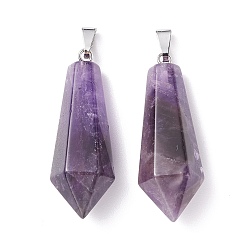 Amethyst Natural Amethyst Pointed Pendants, with Platinum Plated Brass Loops, Bullet, 35.3~38x13~14mm, Hole: 6.5x2.8mm