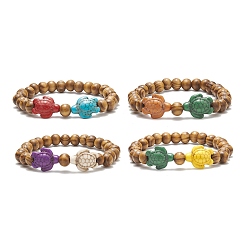 Mixed Color Dyed Synthetic Turquoise(Dyed) Tortoise & Natural Wood Beaded Stretch Bracelet for Women, Mixed Color, Inner Diameter: 2-1/8 inch(5.3cm)