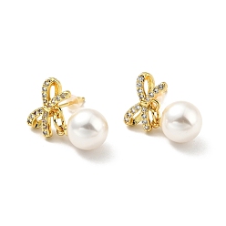 Blanc Boucles d'oreilles pendantes en zircone cubique transparente avec perle en plastique, bijoux en laiton plaqué or pour femme, sans cadmium et sans plomb, blanc, 23.5mm, pin: 0.8 mm