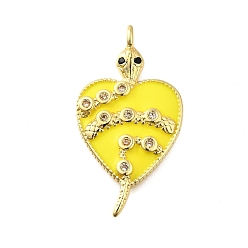 Желтый Латунные микро проложить кубического циркония подвески, с эмалью, сердце со змеиными чарами, без свинца и без кадмия, стойки покрытие, долговечный, желтые, 28.5x15.5x3 мм, отверстие : 1.6 мм