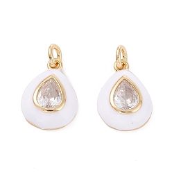 White Brass Micro Pave Clear Cubic Zirconia Pendants, with Enamel, Long-Lasting Plated, Teardrop, Real 18K Gold Plated, White, 16x11x4mm, Ring: 5x1mm, 3mm inner diameter